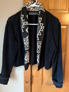 New Identity Black Patterned Shawl-Collar Open Cropped Jacket